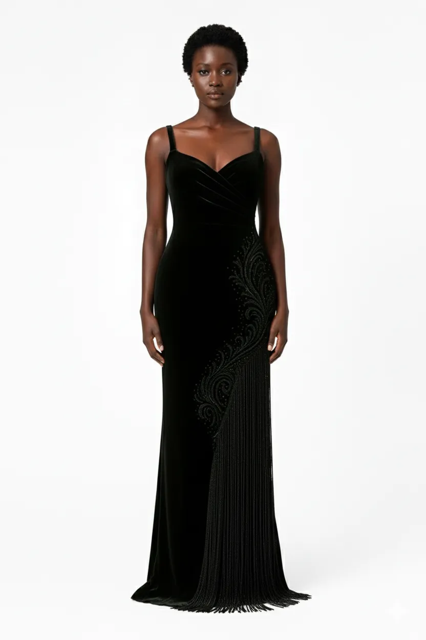 Aba Velvet Fringe Gown
