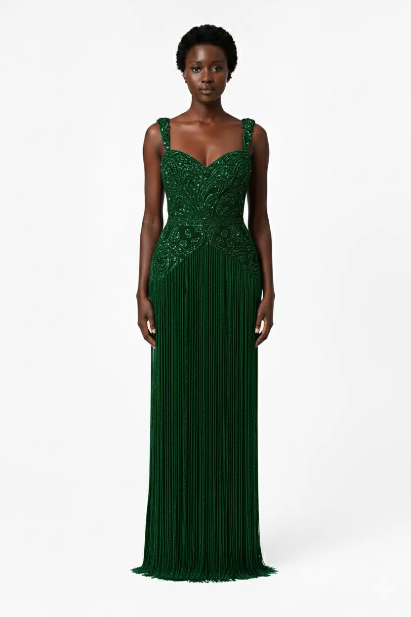 Aba Emerald Empress Fringed Sequin Jumpsuit