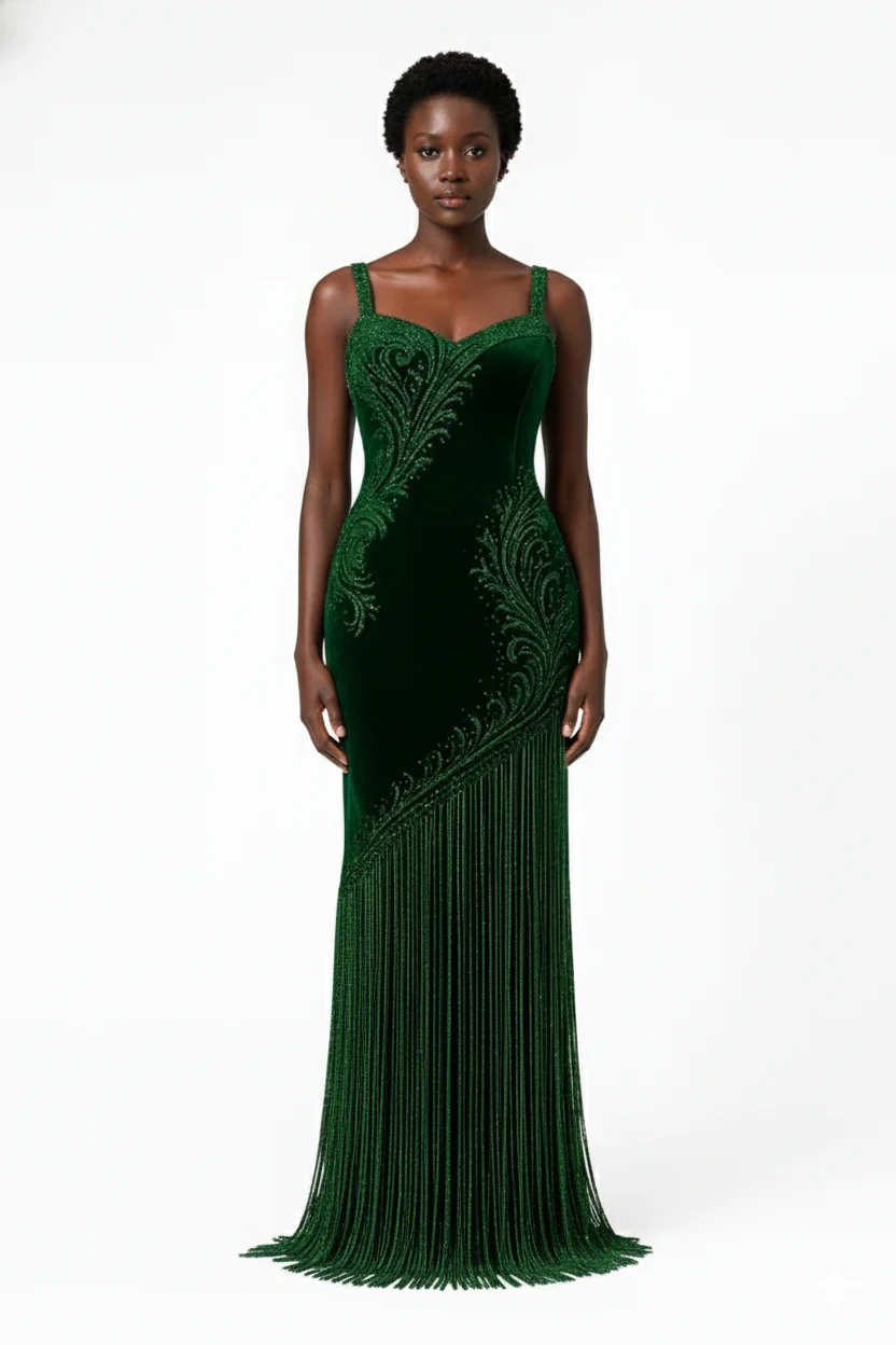Emerald Aria Fringe Gown
