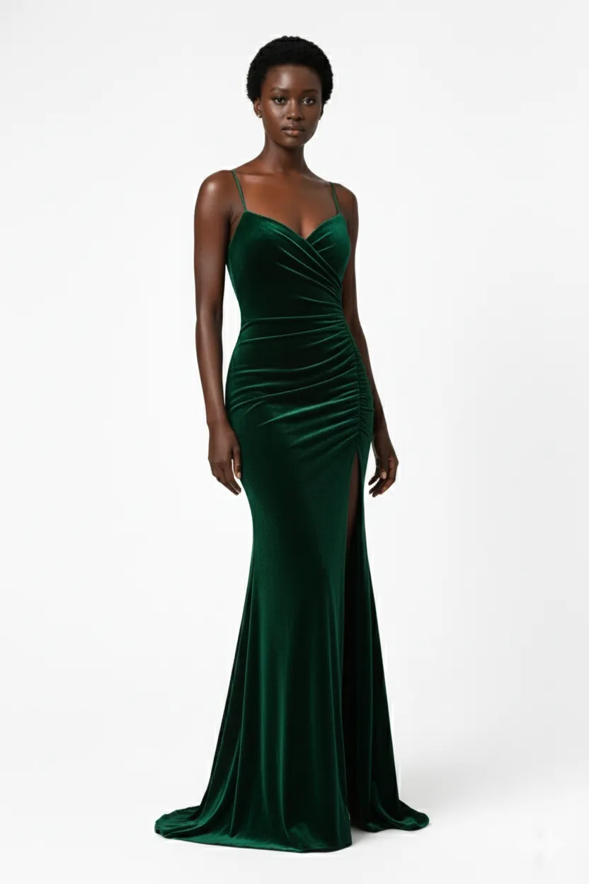 AZARA Emerald Elegance Draped Velvet Gown